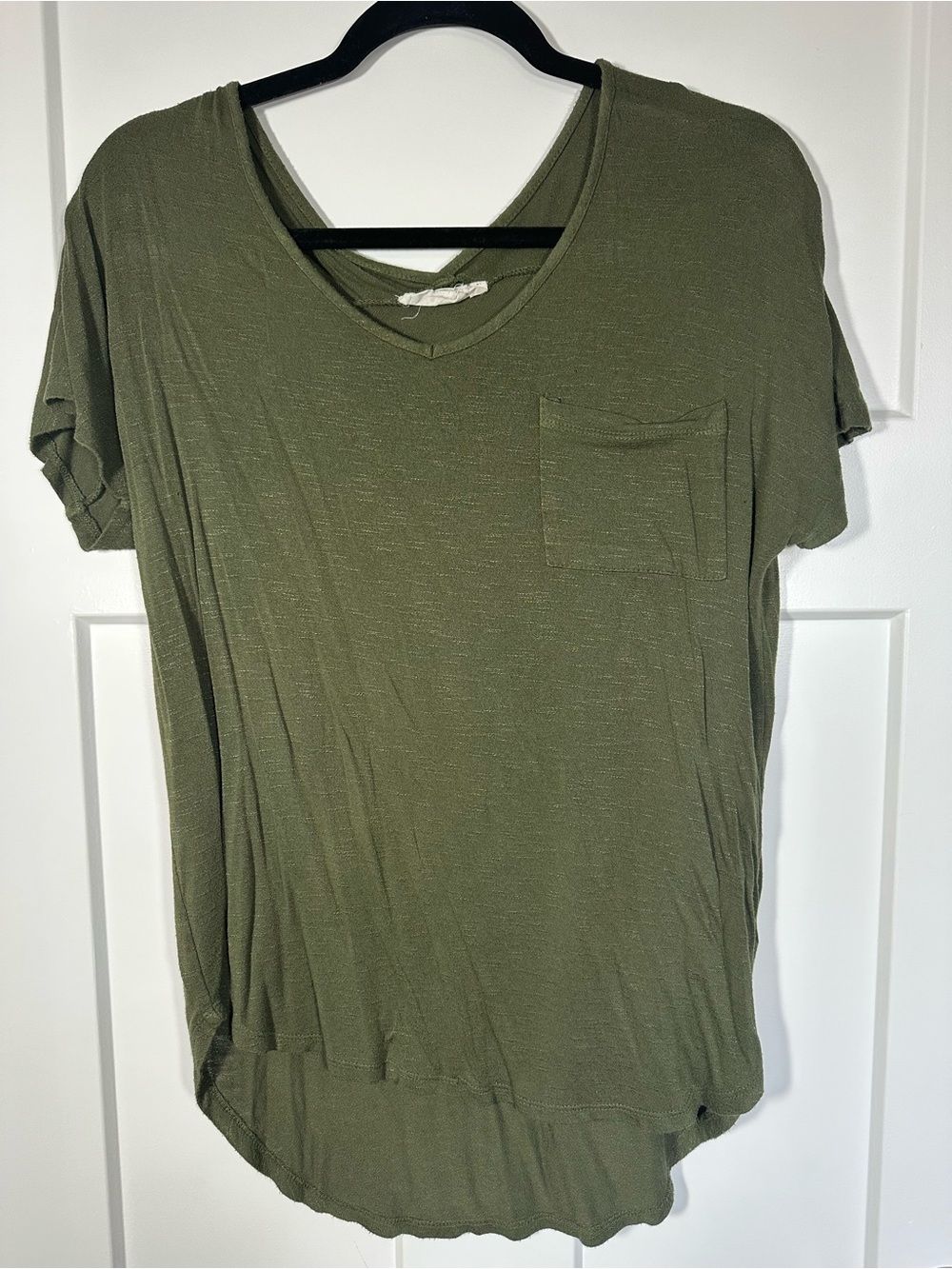 Pink Rose Olive Green V-Neck Short Sleeve Pocket Tee